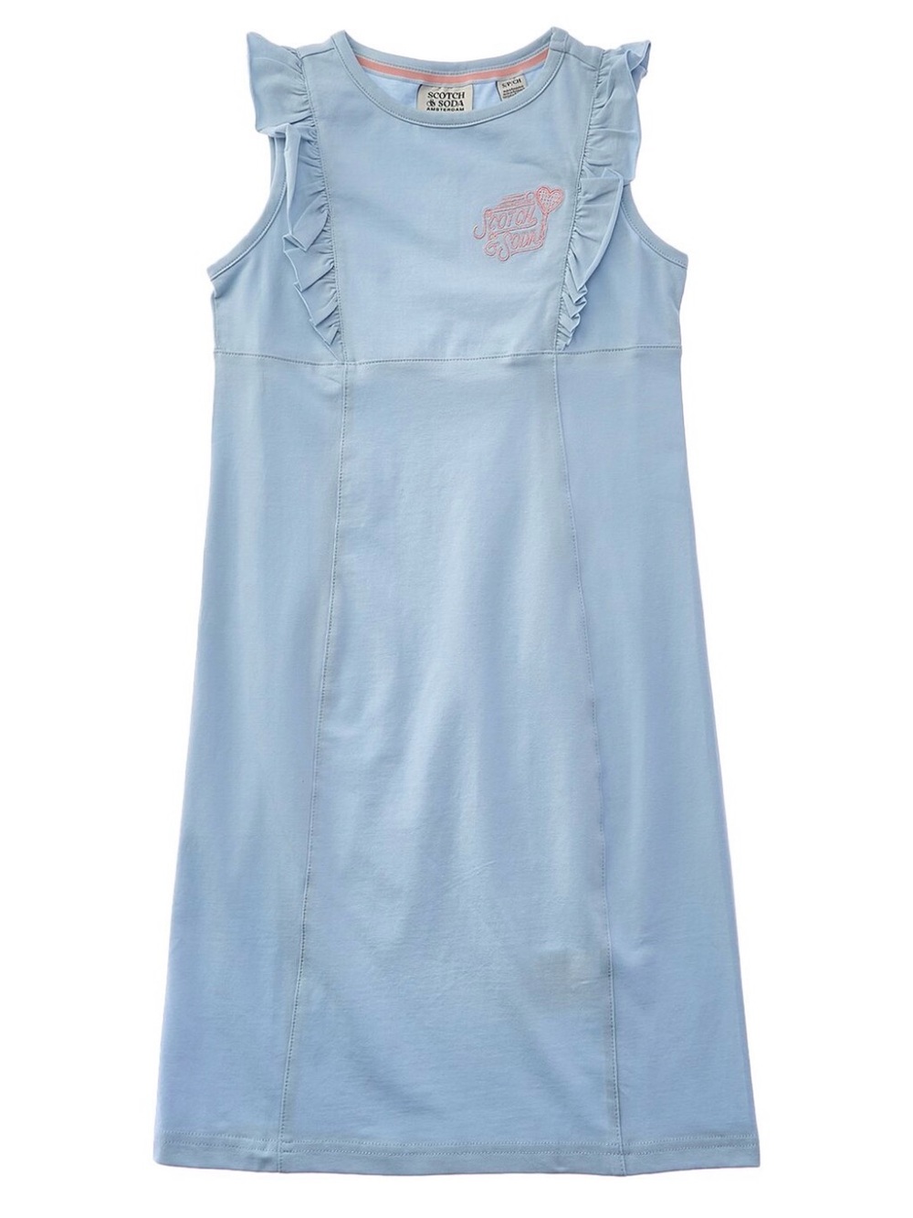 NWT Scotch & Soda Light Blue Ruffle Tank Dress with Pink Embroidery